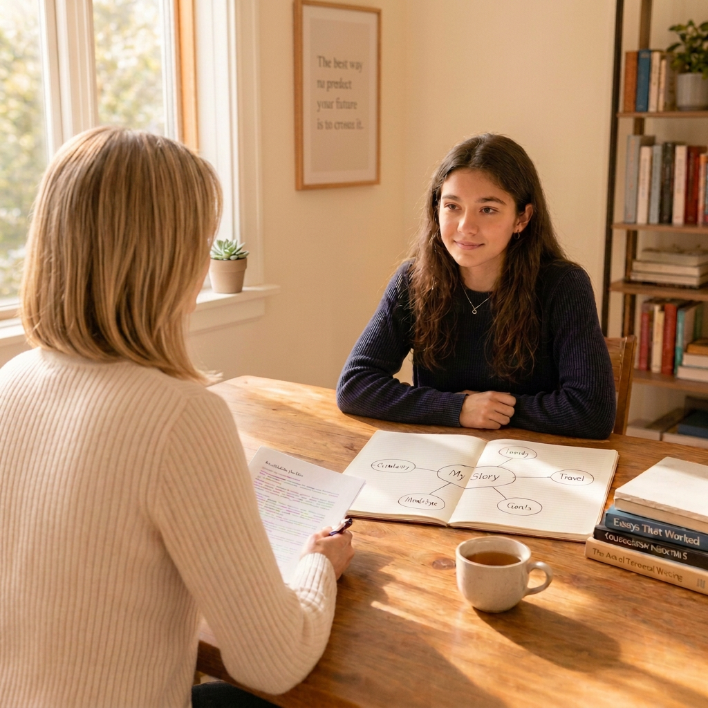 Schuyler seated at the dining table with a student, talking through college essay ideas