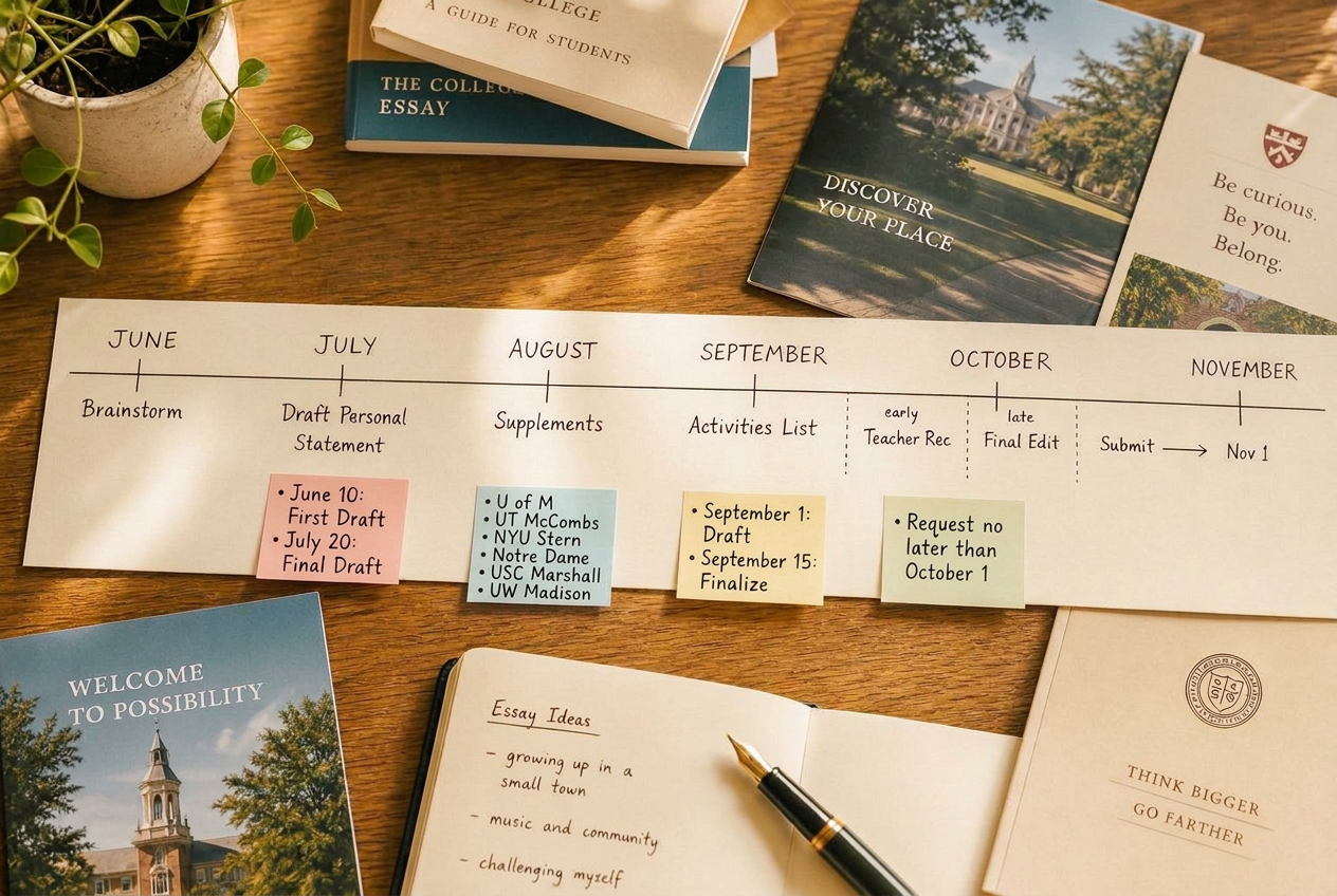 A handwritten college application timeline beside a notebook and calendar